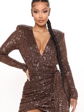Fashion Nova Brown Sequin Wrap Long Sleeve Dress
